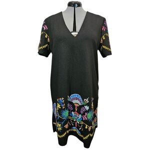 Zara Women's SIZE XL Mexican Floral Print V-Neck Short-Sleeve Dress in Black
